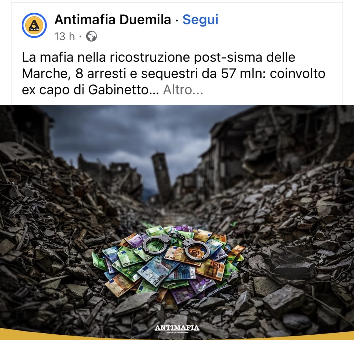 Screenshot dell'articolo sulla ricostruzione post sisma con la Torre civica di Amatrice sullo sfondo